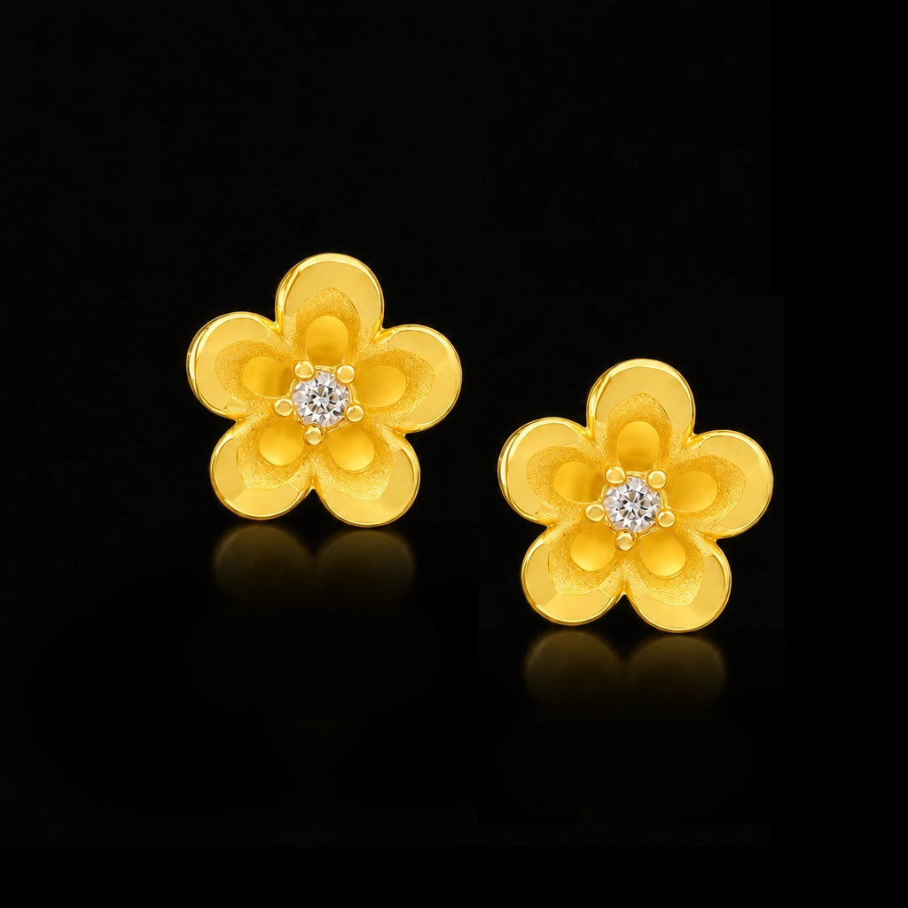 Black Flower Outline Stud Earrings Gold Layered