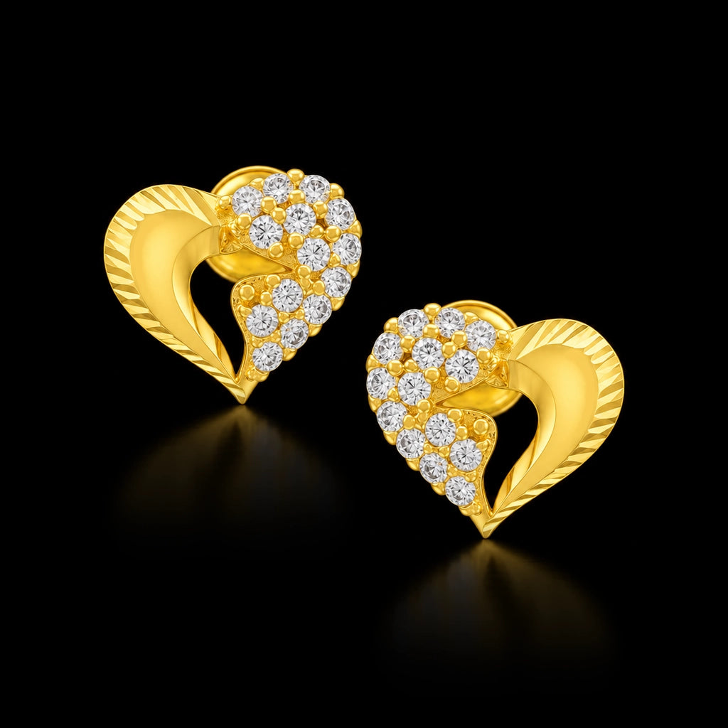 Heart Diamond Cut Edge Stone Cluster Stud Gold Layered