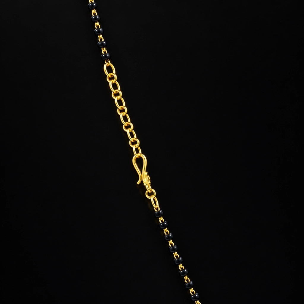 Floral Vine Leaf Drop Black Bead Mangalsutra Pendant with Chain Gold Layered