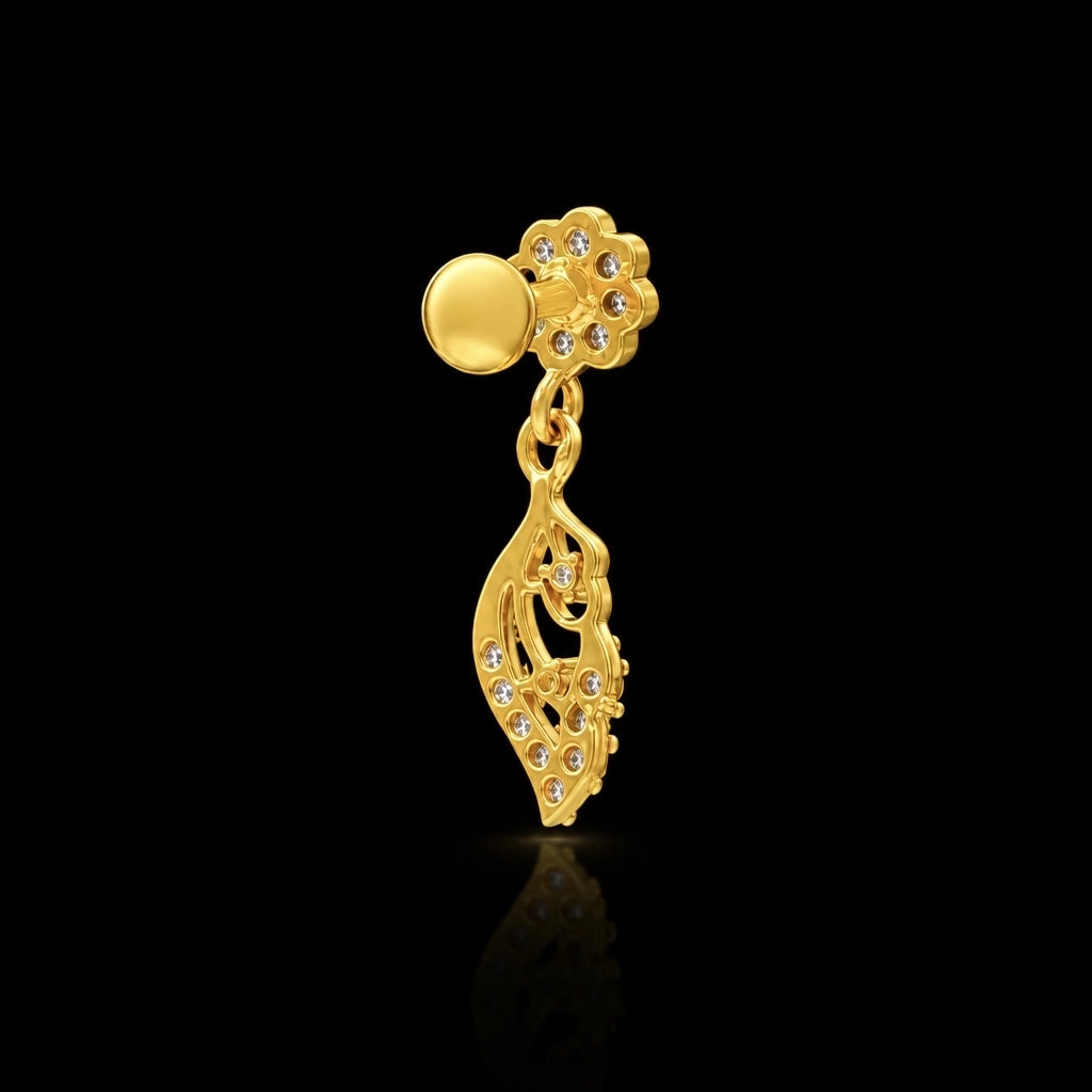 Bloom Leaf Drop Stone Hanging Stud Gold Layered