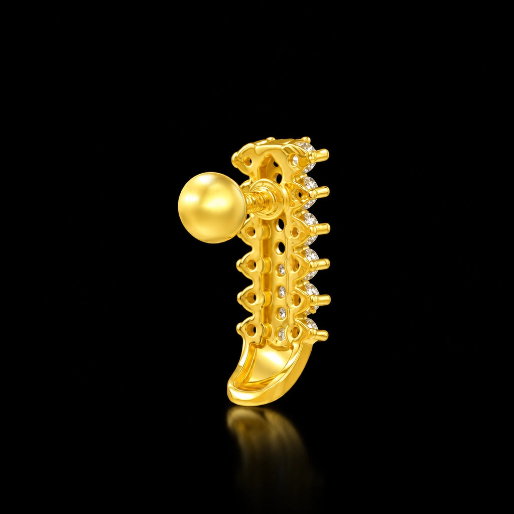 Triple Row Stone Ribbed Base Huggie Stud Gold Layered