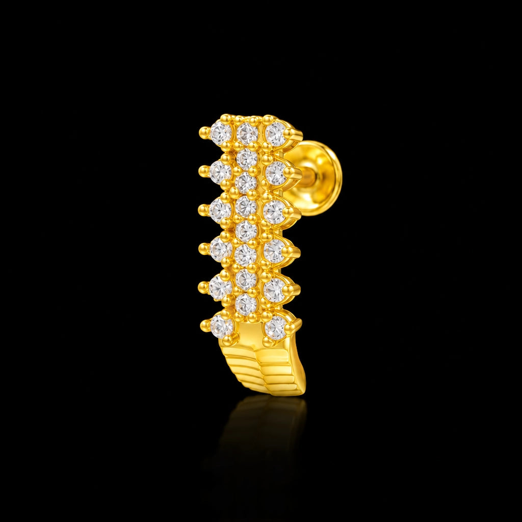 Triple Row Stone Ribbed Base Huggie Stud Gold Layered