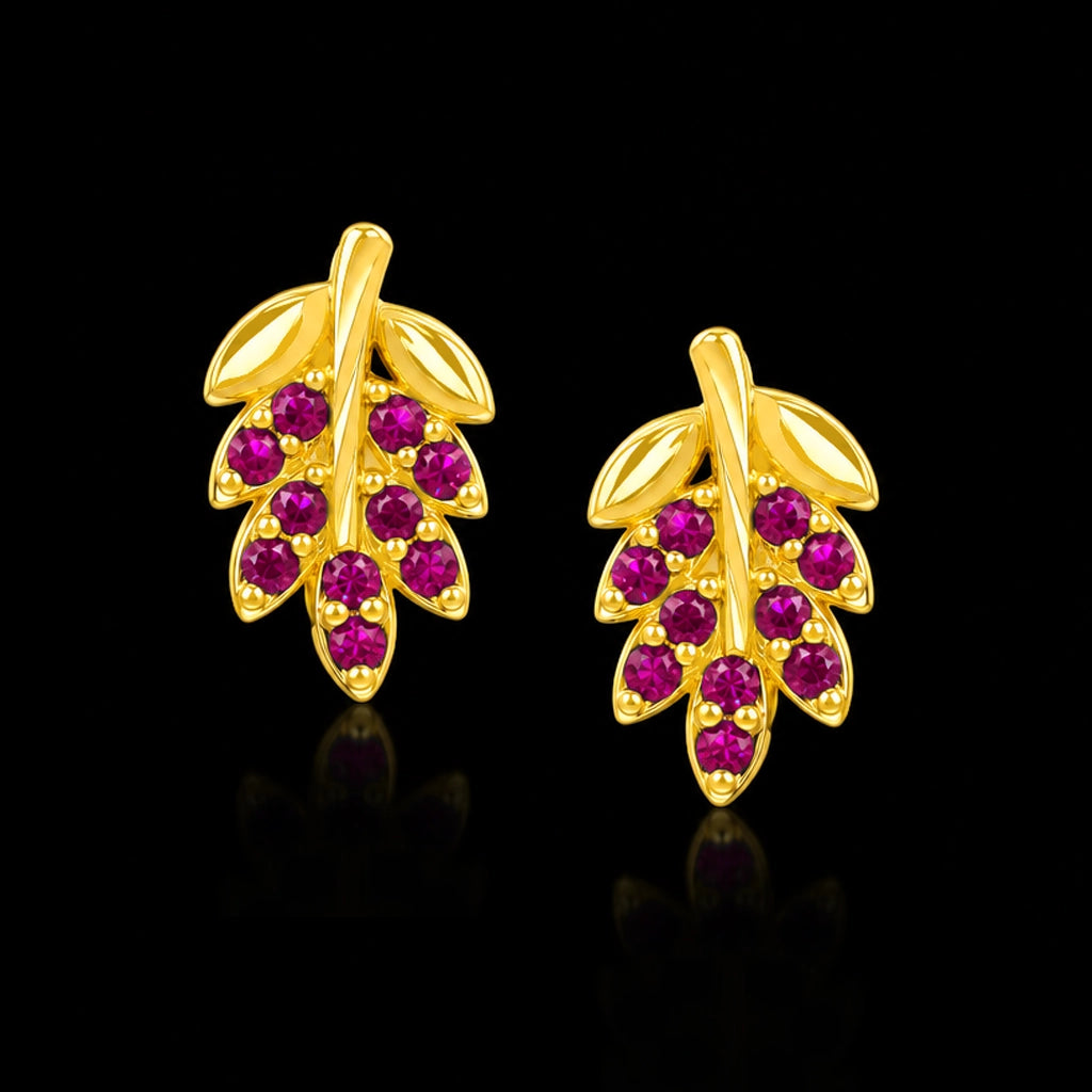 Leaf Spray Stone Stud Gold Layered