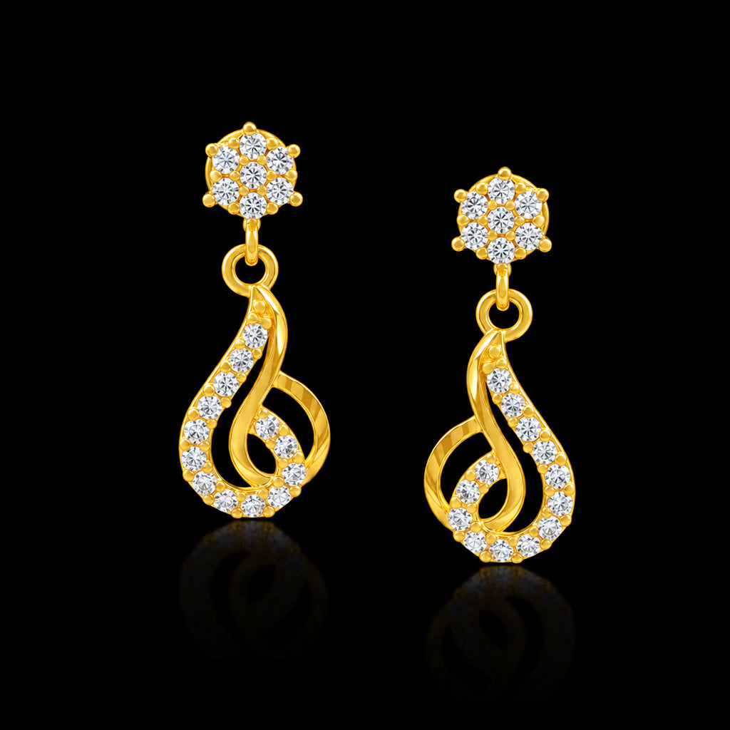 Stone Pave Flower Teardrop Swirl Hanging Stud Gold Layered