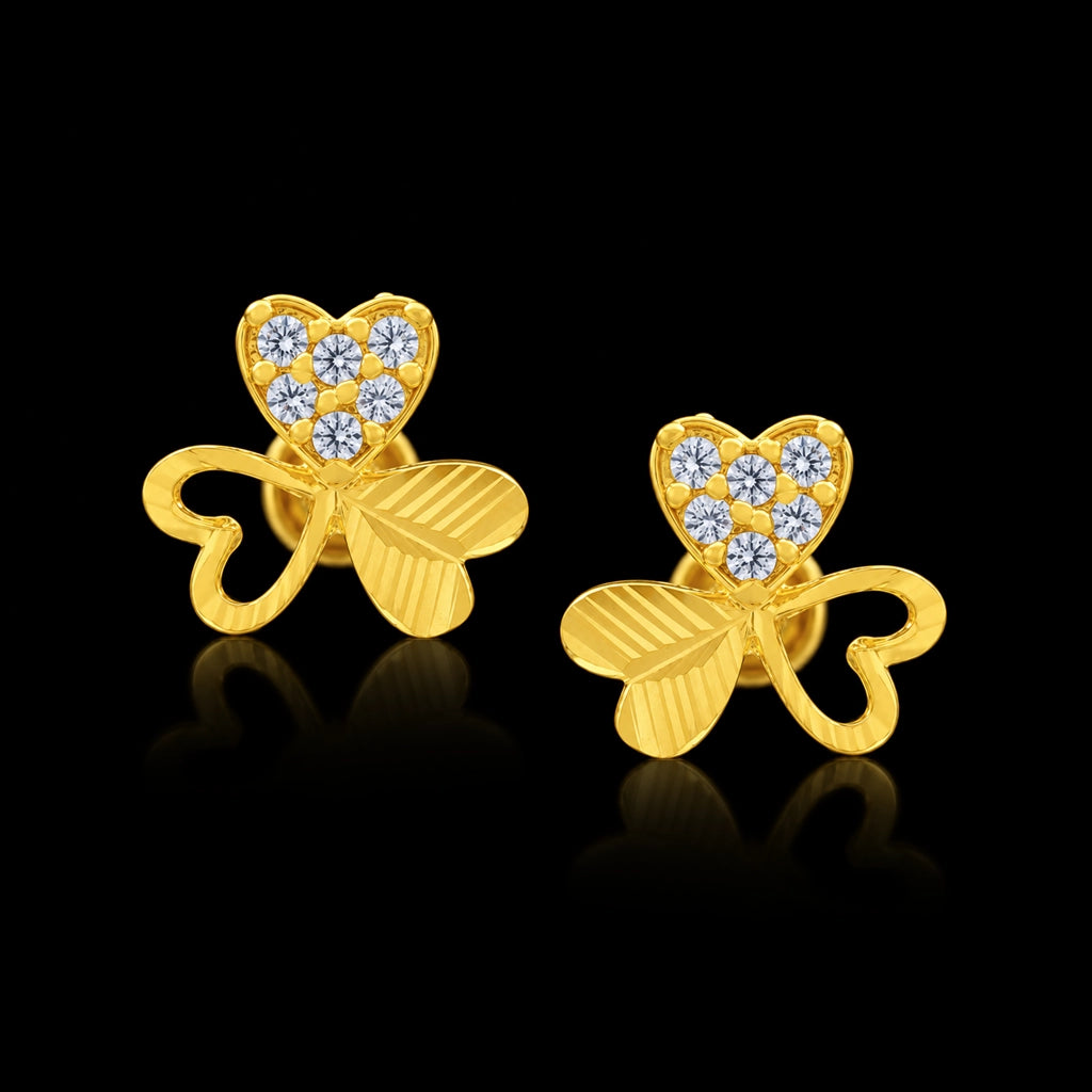 Heart Clover Leaf Diamond Cut Stone Stud Gold Layered