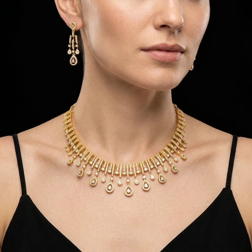 Premium Stone Necklace Short With Stud PMSNS38W-0021, PMSHST52W-003