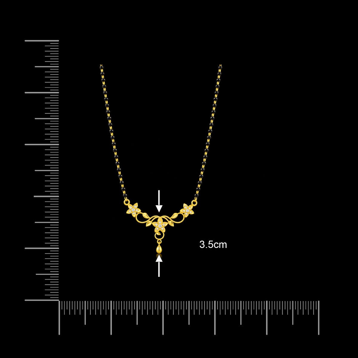 Floral Vine Leaf Drop Black Bead Mangalsutra Pendant with Chain Gold Layered