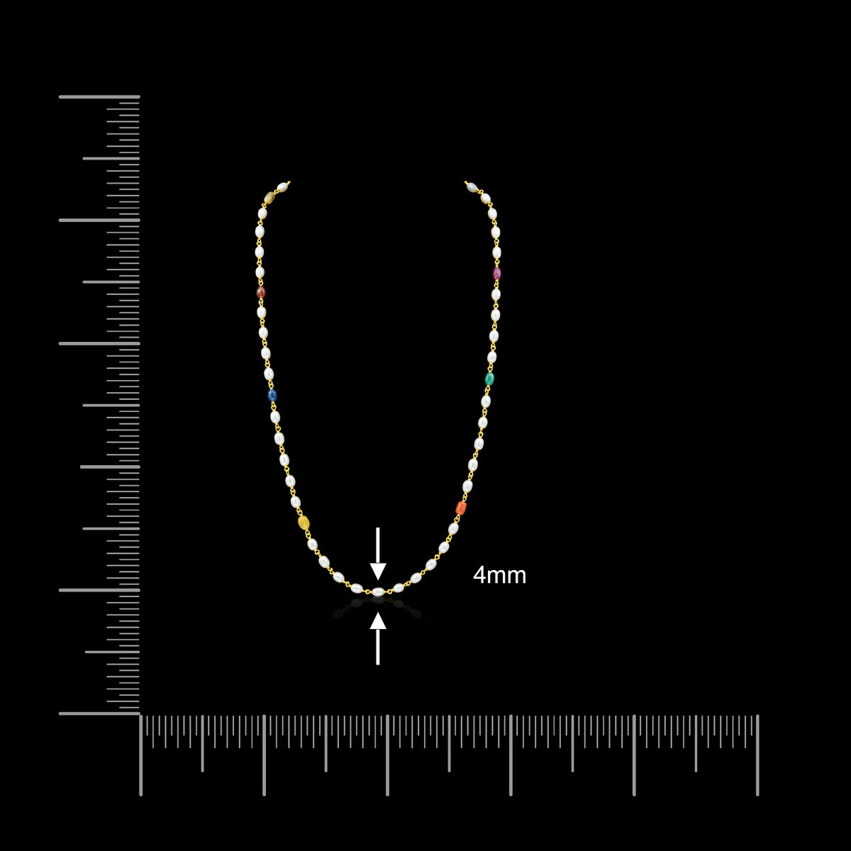 Pearl Navaratna Bead Link Long Chain Necklace Gold Layered